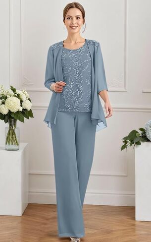 Chiffon Appliques Mother of The Bride Pant Suits 3 Pieces Women Formal Wedding Dress with Jacket in Saudi Arabia