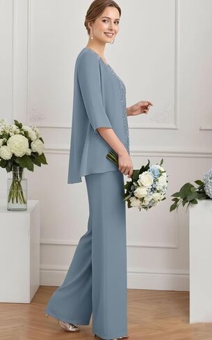 Chiffon Appliques Mother of The Bride Pant Suits 3 Pieces Women Formal Wedding Dress with Jacket in Saudi Arabia