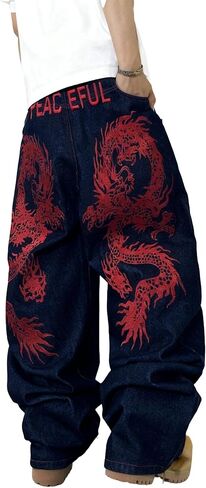 Mens Baggy Jeans Embroidery Pattern Denim Trousers Wide Leg Denim Pant Loose Fit Skater Jeans Streetwear Clothing in Kuwait