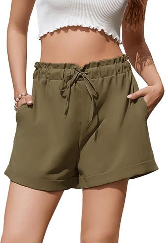 شورت نسائي عالي الخصر برباط، شورت صيفي فضفاض ومريح مع جيوب in Kuwait