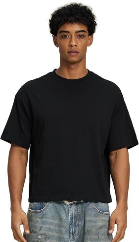 Cropped Oversized Men's T-Shirts Cotton Fashion Boxy T Shirt Short Sleeve Crew Neck Tee for Men in Saudi Arabia