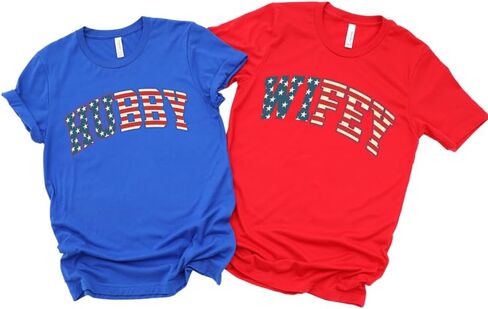 Hubby And Wifey American Flag Fourth Of July Couples Shirts, Newlywed Couples Matching 4th of July Shirts, Patriotic Husband and Wife Couples Matching Outfits For Memorial Day or Independence Day Plus Size T-shirt. in Saudi Arabia