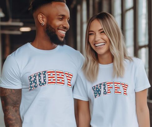 Hubby And Wifey American Flag Fourth Of July Couples Shirts, Newlywed Couples Matching 4th of July Shirts, Patriotic Husband and Wife Couples Matching Outfits For Memorial Day or Independence Day Plus Size T-shirt. in Saudi Arabia