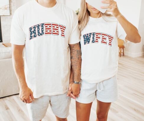 Hubby And Wifey American Flag Fourth Of July Couples Shirts, Newlywed Couples Matching 4th of July Shirts, Patriotic Husband and Wife Couples Matching Outfits For Memorial Day or Independence Day Plus Size T-shirt. in Saudi Arabia