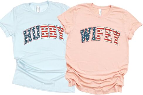 Hubby And Wifey American Flag Fourth Of July Couples Shirts, Newlywed Couples Matching 4th of July Shirts, Patriotic Husband and Wife Couples Matching Outfits For Memorial Day or Independence Day Plus Size T-shirt. in Saudi Arabia