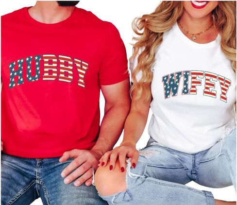 Hubby And Wifey American Flag Fourth Of July Couples Shirts, Newlywed Couples Matching 4th of July Shirts, Patriotic Husband and Wife Couples Matching Outfits For Memorial Day or Independence Day Plus Size T-shirt. in Saudi Arabia
