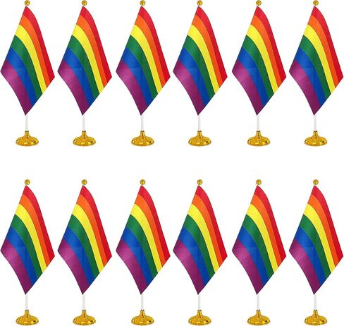 WXTWK 12 Pack Progress Pride Rainbow Desk Flag Small Mini Gay LGBT Table Flags With Stand Base,Rainbow Mardi Gras Festival Events Celebration Decorations in Kuwait