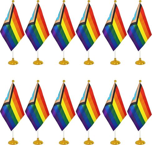 wxtwk 12 حزمة التقدم فخر قوس قزح مكتب العلم صغير صغير مثلي الجنس LGBT أعلام الجدول مع قاعدة الوقوف، قوس قزح ماردي غرا مهرجان الأحداث الاحتفال الزينة in Kuwait