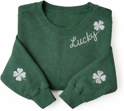IZI POD Embroidered Lucky Shamrock Sweatshirt for Women Men, Minimal Clover Crewneck Pullover, Irish Green Holiday Outfit, Cute Four Leaf Graphic Idea for Friends Family, Cozy Casual Wear in Saudi Arabia