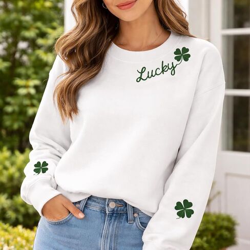 IZI POD Embroidered Lucky Shamrock Sweatshirt for Women Men, Minimal Clover Crewneck Pullover, Irish Green Holiday Outfit, Cute Four Leaf Graphic Idea for Friends Family, Cozy Casual Wear in Saudi Arabia