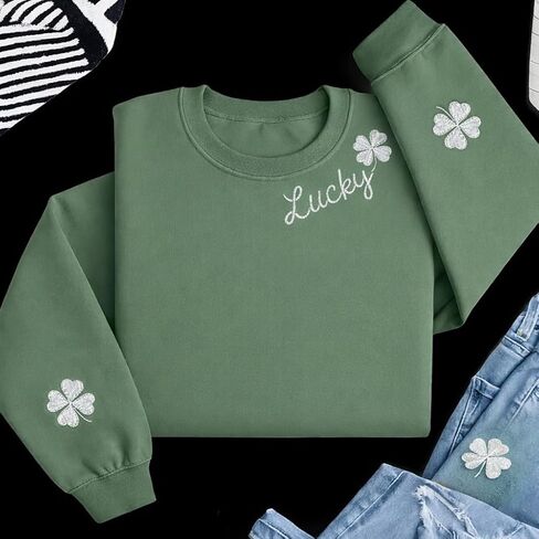 IZI POD Embroidered Lucky Shamrock Sweatshirt for Women Men, Minimal Clover Crewneck Pullover, Irish Green Holiday Outfit, Cute Four Leaf Graphic Idea for Friends Family, Cozy Casual Wear in Saudi Arabia