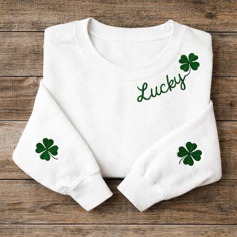 IZI POD Embroidered Lucky Shamrock Sweatshirt for Women Men, Minimal Clover Crewneck Pullover, Irish Green Holiday Outfit, Cute Four Leaf Graphic Idea for Friends Family, Cozy Casual Wear in Saudi Arabia