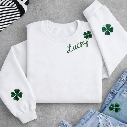 IZI POD Embroidered Lucky Shamrock Sweatshirt for Women Men, Minimal Clover Crewneck Pullover, Irish Green Holiday Outfit, Cute Four Leaf Graphic Idea for Friends Family, Cozy Casual Wear in Saudi Arabia