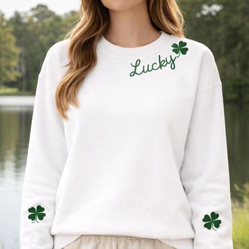 IZI POD Embroidered Lucky Shamrock Sweatshirt for Women Men, Minimal Clover Crewneck Pullover, Irish Green Holiday Outfit, Cute Four Leaf Graphic Idea for Friends Family, Cozy Casual Wear in Saudi Arabia