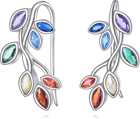 Ear Climber S925 Sterling Silver Leaf Crawler stud Earrings for Women Chakra Colorful Plant Earrings Cartilage Jewelry for Gift in Saudi Arabia