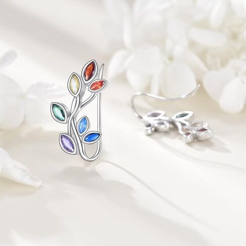 Ear Climber S925 Sterling Silver Leaf Crawler stud Earrings for Women Chakra Colorful Plant Earrings Cartilage Jewelry for Gift in Saudi Arabia