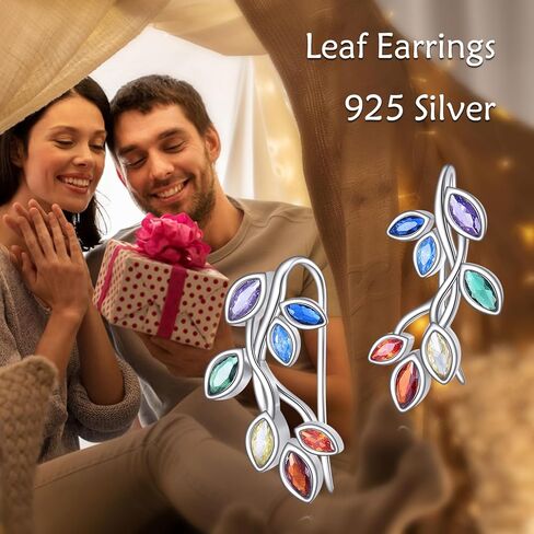 Ear Climber S925 Sterling Silver Leaf Crawler stud Earrings for Women Chakra Colorful Plant Earrings Cartilage Jewelry for Gift in Saudi Arabia