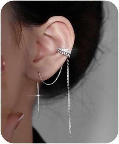 Silver Chain Earrings for Women Dainty Tassel Chain Hoop Earrings Layered Non Piercing Fake Earring Y2K Drop Dangle Cuff Earring Crystal Huggie Clip Hoops Gift for Her in Saudi Arabia