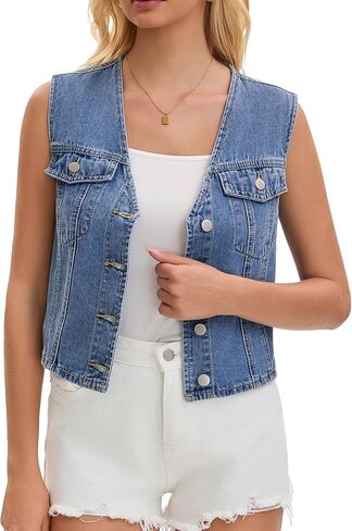 Womens Jean Vest Top V Neck Western Button Up Sleeveless Cropped Denim Vests in Saudi Arabia