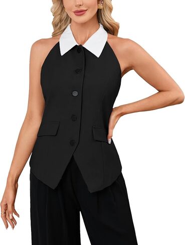 Women's Color Block Halter Neck Vest Button Down Sleeveless Blazer Vest in Saudi Arabia