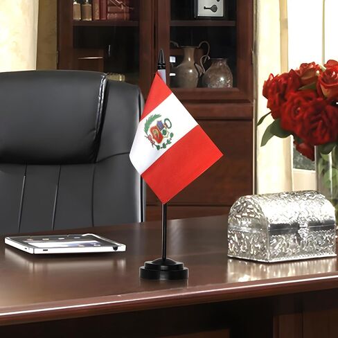 Peru Deluxe Desk Flag Set - 6 x 4 Inch Miniature Peruvian PE Desktop Flag with 12" Solid Pole - Vivid Color and Fade Resistant - Black Base and Spear Top in Saudi Arabia