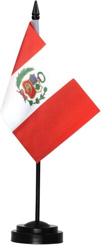 Peru Deluxe Desk Flag Set - 6 x 4 Inch Miniature Peruvian PE Desktop Flag with 12" Solid Pole - Vivid Color and Fade Resistant - Black Base and Spear Top in Saudi Arabia