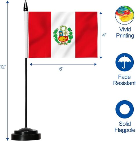 Peru Deluxe Desk Flag Set - 6 x 4 Inch Miniature Peruvian PE Desktop Flag with 12" Solid Pole - Vivid Color and Fade Resistant - Black Base and Spear Top in Saudi Arabia