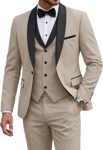 YND 3 Piece Mens Suit, Slim Fit Tuxedo Set with 4-Button Vest and Pants, Shawl Lapel Blazer for Wedding Prom Party Business in Saudi Arabia