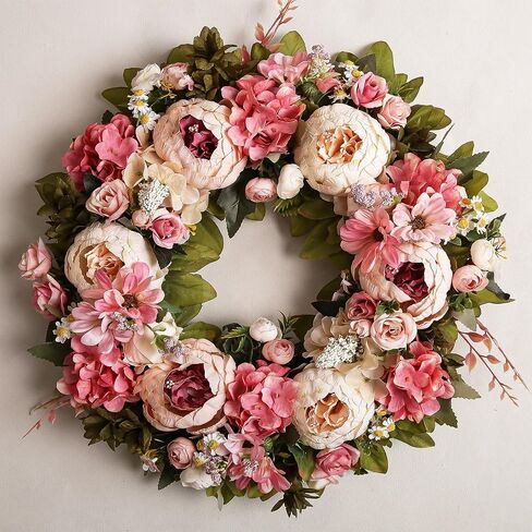 Peony Wreath 18'' Spring Wreaths for Front Door, Artificial Large Floral Wreath for Front Door Wall Decor, Valentine’s Day Home Wedding Housewarming Gift EZsenses (Light Pink) in Saudi Arabia