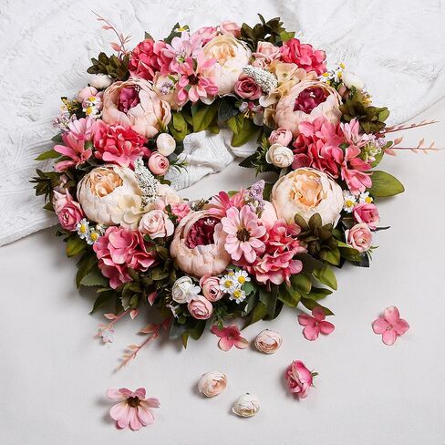 Peony Wreath 18'' Spring Wreaths for Front Door, Artificial Large Floral Wreath for Front Door Wall Decor, Valentine’s Day Home Wedding Housewarming Gift EZsenses (Light Pink) in Saudi Arabia
