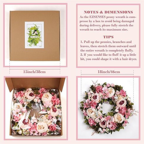 Peony Wreath 18'' Spring Wreaths for Front Door, Artificial Large Floral Wreath for Front Door Wall Decor, Valentine’s Day Home Wedding Housewarming Gift EZsenses (Light Pink) in Saudi Arabia