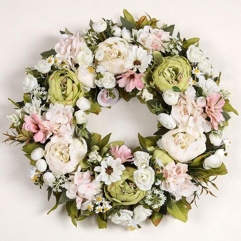 Peony Wreath 18'' Spring Wreaths for Front Door, Artificial Large Floral Wreath for Front Door Wall Decor, Valentine’s Day Home Wedding Housewarming Gift EZsenses (Light Pink) in Saudi Arabia