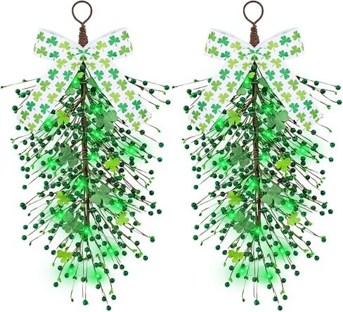 24 بوصة مضاءة عيد القديس باتريك شامروك غنيمة لعلامة الباب الأمامي نبات النفل الاصطناعي الخضرة البرسيم غنيمة دمعة مع أضواء سلسلة خضراء باب جدار رف داخلي ديكور خارجي in Kuwait