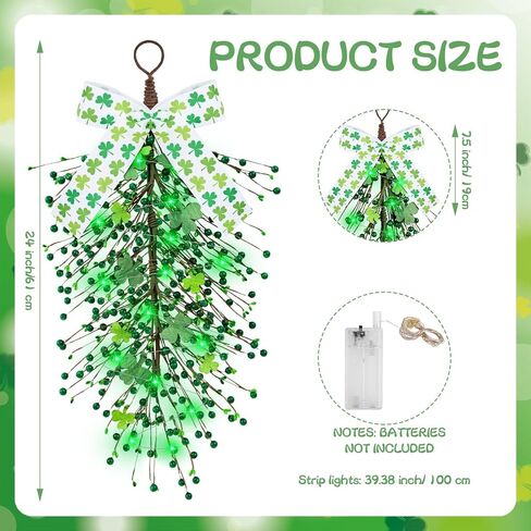 24 بوصة مضاءة عيد القديس باتريك شامروك غنيمة لعلامة الباب الأمامي نبات النفل الاصطناعي الخضرة البرسيم غنيمة دمعة مع أضواء سلسلة خضراء باب جدار رف داخلي ديكور خارجي in Kuwait