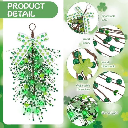 24 بوصة مضاءة عيد القديس باتريك شامروك غنيمة لعلامة الباب الأمامي نبات النفل الاصطناعي الخضرة البرسيم غنيمة دمعة مع أضواء سلسلة خضراء باب جدار رف داخلي ديكور خارجي in Kuwait