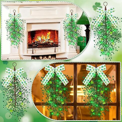 24 بوصة مضاءة عيد القديس باتريك شامروك غنيمة لعلامة الباب الأمامي نبات النفل الاصطناعي الخضرة البرسيم غنيمة دمعة مع أضواء سلسلة خضراء باب جدار رف داخلي ديكور خارجي in Kuwait