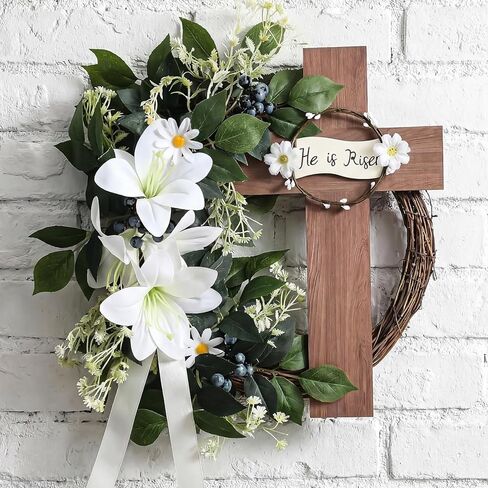 Dingion He is Risen إكليل عيد الفصح الديكور للباب الأمامي، 16 بوصة عيد الفصح الصليب إكليل كبير مسيحي خشبي ديكور الأزهار يسوع زنبق علامة معلقة للمنزل الربيع ديكور الشرفة المزرعة الدينية in Kuwait