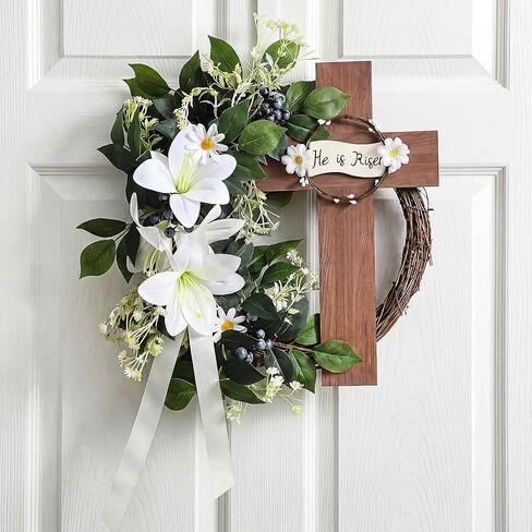 Dingion He is Risen إكليل عيد الفصح الديكور للباب الأمامي، 16 بوصة عيد الفصح الصليب إكليل كبير مسيحي خشبي ديكور الأزهار يسوع زنبق علامة معلقة للمنزل الربيع ديكور الشرفة المزرعة الدينية in Kuwait