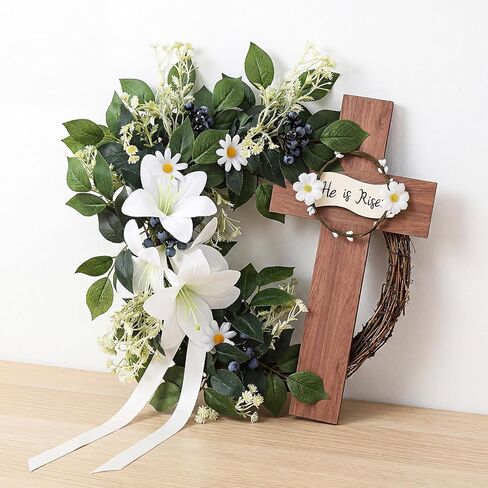 Dingion He is Risen إكليل عيد الفصح الديكور للباب الأمامي، 16 بوصة عيد الفصح الصليب إكليل كبير مسيحي خشبي ديكور الأزهار يسوع زنبق علامة معلقة للمنزل الربيع ديكور الشرفة المزرعة الدينية in Kuwait