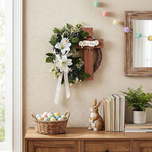 Dingion He is Risen إكليل عيد الفصح الديكور للباب الأمامي، 16 بوصة عيد الفصح الصليب إكليل كبير مسيحي خشبي ديكور الأزهار يسوع زنبق علامة معلقة للمنزل الربيع ديكور الشرفة المزرعة الدينية in Kuwait