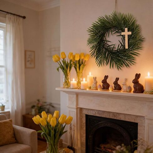 Easter Wreath with Wood Cross Artificial Palm Leaves Wood Cross Wreath Religious Christian Front Door Sign Farmhouse Porch Hanger for Easter Spring Indoor Outdoor Home Holy Week Decor in Saudi Arabia