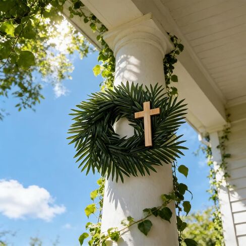 Easter Wreath with Wood Cross Artificial Palm Leaves Wood Cross Wreath Religious Christian Front Door Sign Farmhouse Porch Hanger for Easter Spring Indoor Outdoor Home Holy Week Decor in Saudi Arabia