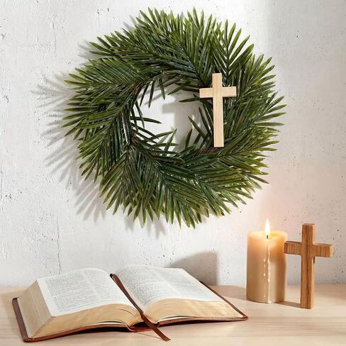 Easter Wreath with Wood Cross Artificial Palm Leaves Wood Cross Wreath Religious Christian Front Door Sign Farmhouse Porch Hanger for Easter Spring Indoor Outdoor Home Holy Week Decor in Saudi Arabia