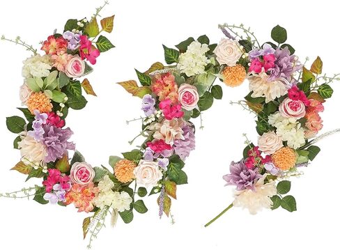 إكليل زهور اصطناعية ربيعية 70 بوصة - كرمة زهرة أرجوانية وردية مع ورود كوبية، إكليل زهور طويل لقوس الحائط وحفلات الزفاف وديكور المنزل، إكليل زينة الربيع in Kuwait