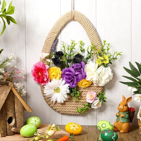 Spring Wreath for Front Door Easter Wreath Basket Artificial Floral Hanging Basket with Woven for Easter Holiday Party Farmhouse Window Porch Door Decor in Saudi Arabia