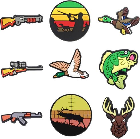 Boys Shoe Decoration Charms Hunting Shoes Charms Set - Animal Gun Deer Duck Fishing Dad Charm Set PVC Decoration Gift for Boys Kids in Kuwait