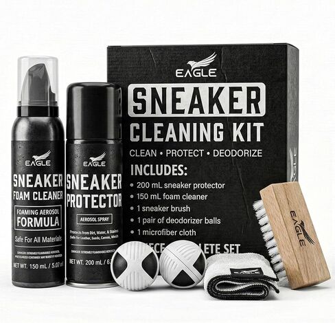 Eagle 6-in-1 Sneaker Cleaning Kit – Foam Shoe Cleaner & Sneaker Protector Spray with Brush, Microfiber Cloth & Deodorizer Balls – Shoe Care Kit for Sneakers & Tennis Shoes- Safe for all Materials in Saudi Arabia
