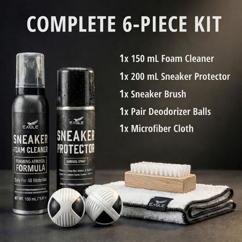 Eagle 6-in-1 Sneaker Cleaning Kit – Foam Shoe Cleaner & Sneaker Protector Spray with Brush, Microfiber Cloth & Deodorizer Balls – Shoe Care Kit for Sneakers & Tennis Shoes- Safe for all Materials in Saudi Arabia