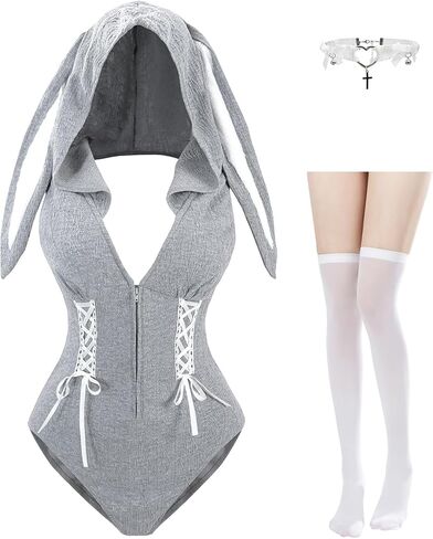 CR ROLECOS Bunny Costume Adult Women Grey Bunny Suit Cosplay Bodysuit Outfit with Hood in Saudi Arabia