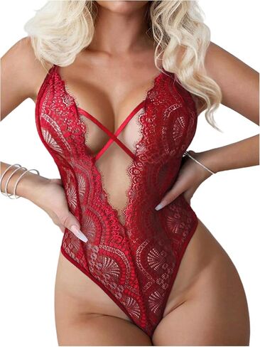 SOLY HUX Women's Lace Lingerie Bodysuit Deep V Neck Criss Cross Teddy Lingerie Nightwear in Saudi Arabia